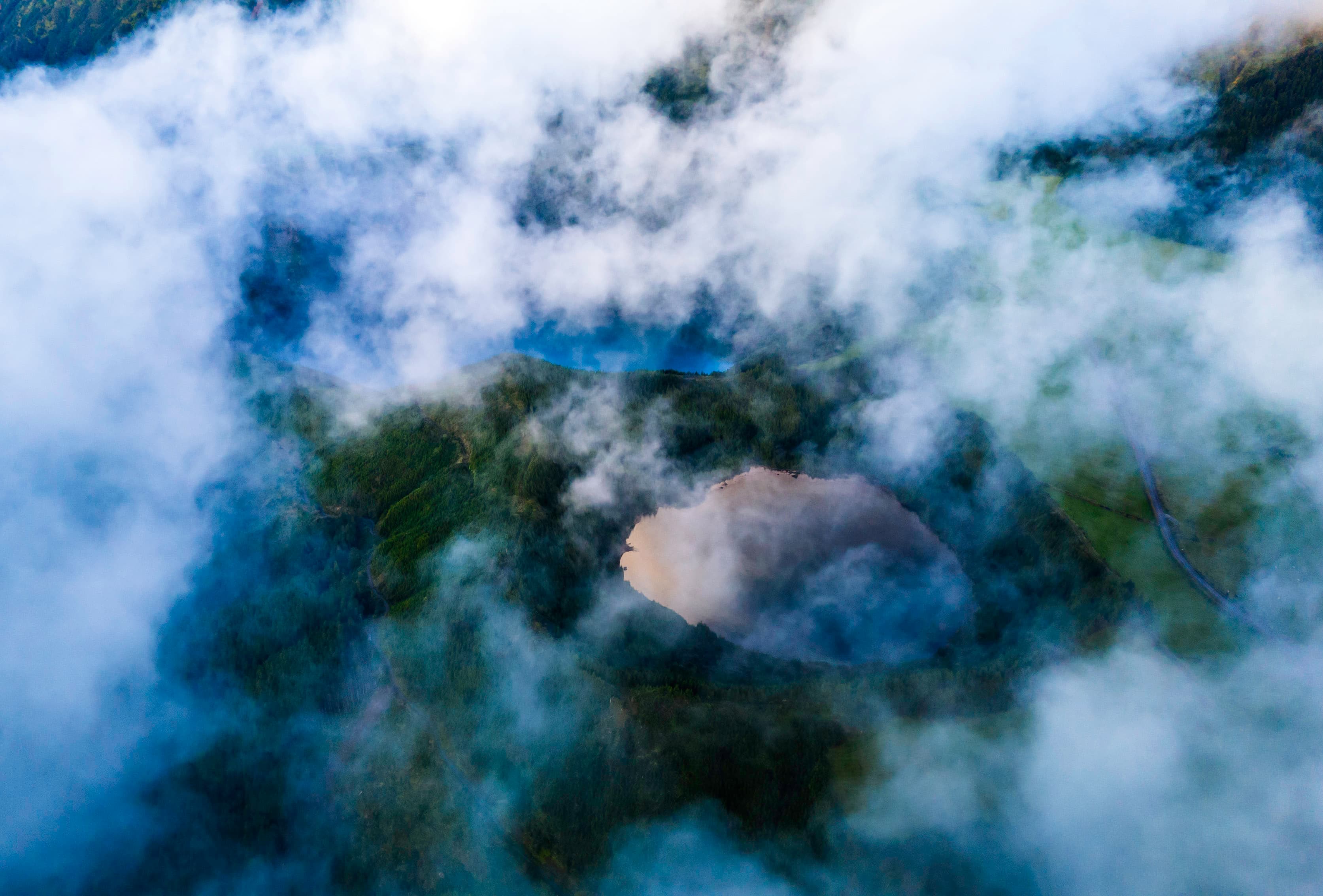 Misty view of volcanic lakes, Sete Cidades