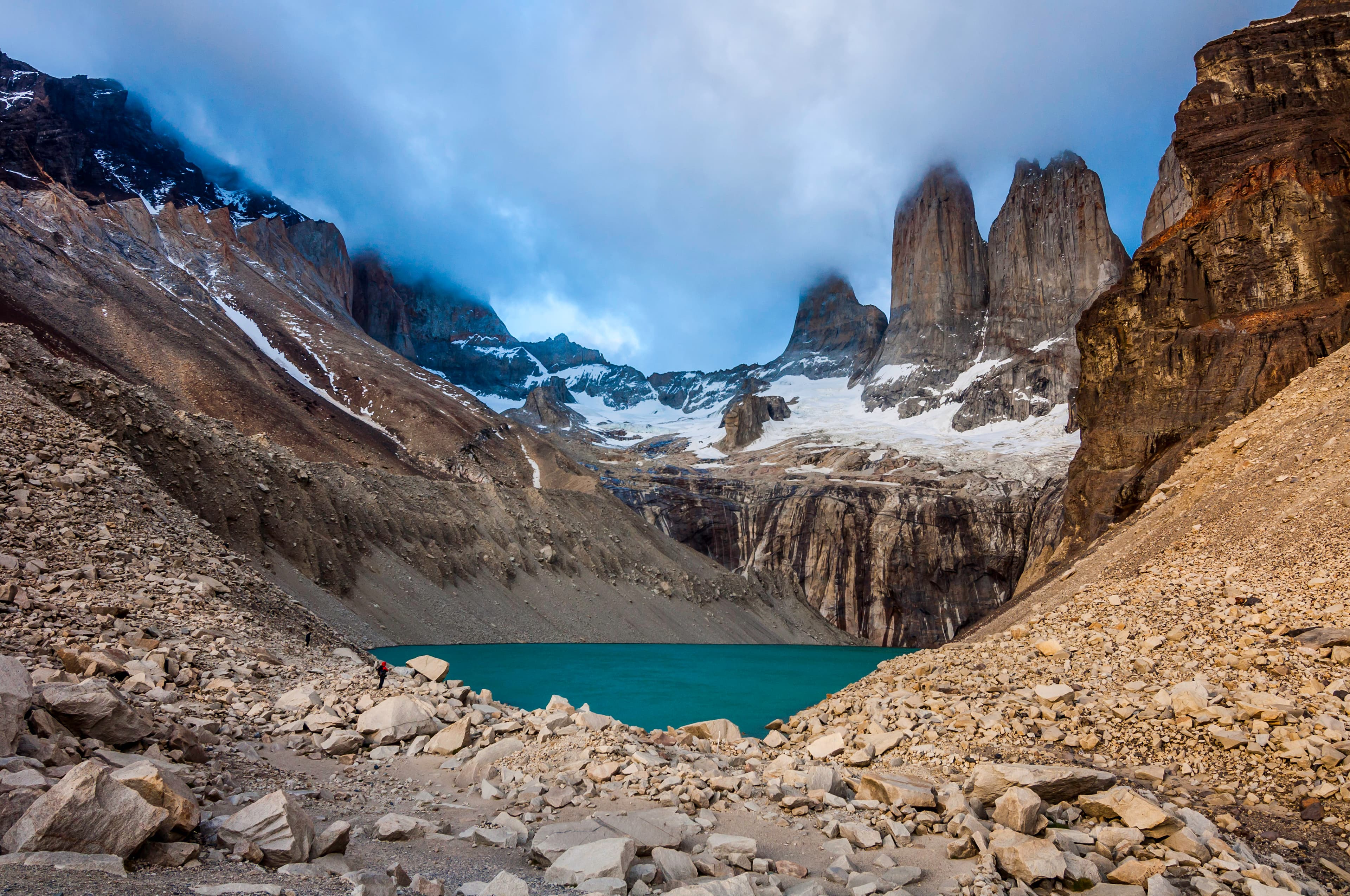 Towering peaks above turquoise lake, Torres del Paine