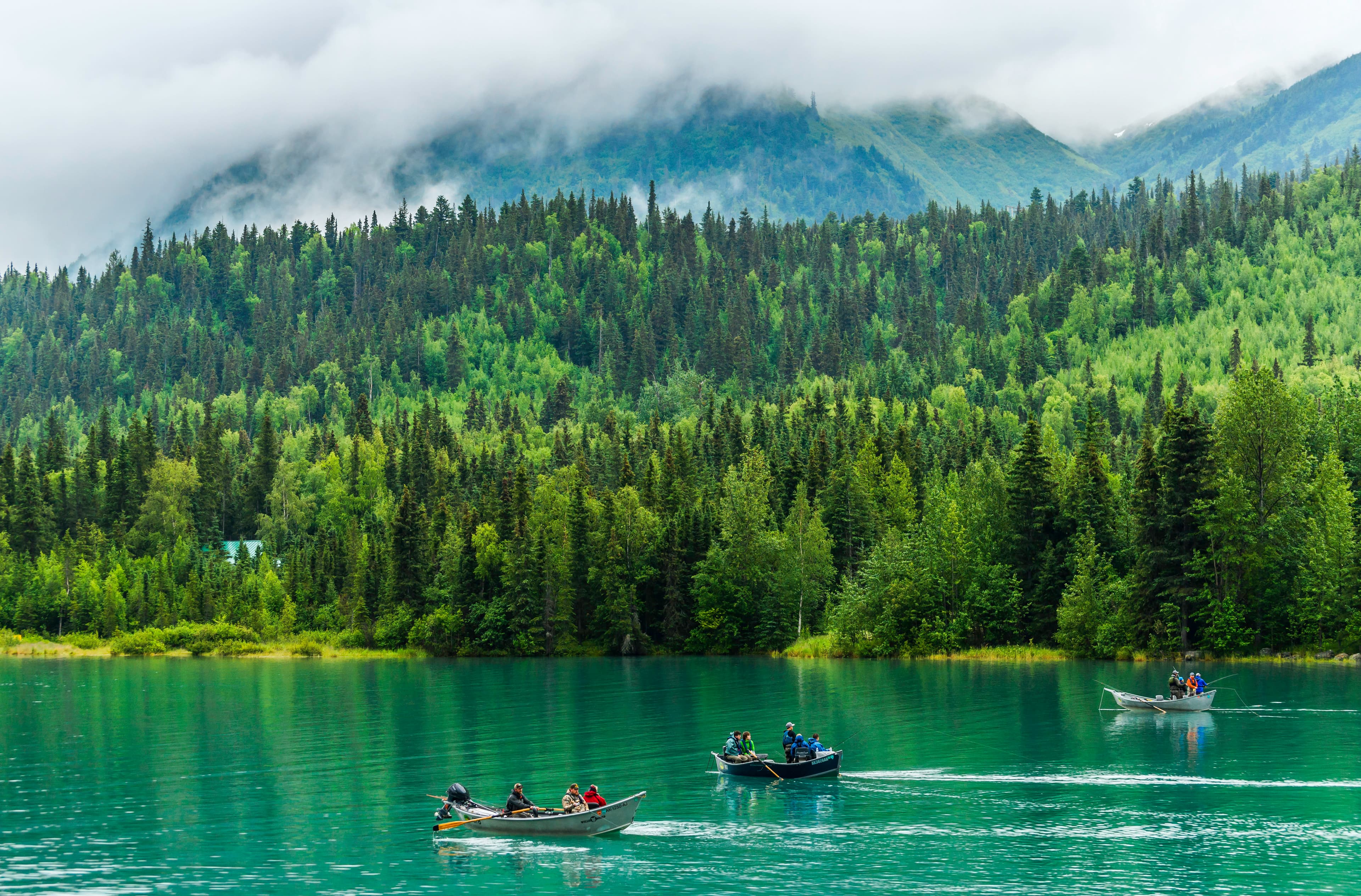 Fishing boats on turquoise lake, Kenai Peninsula