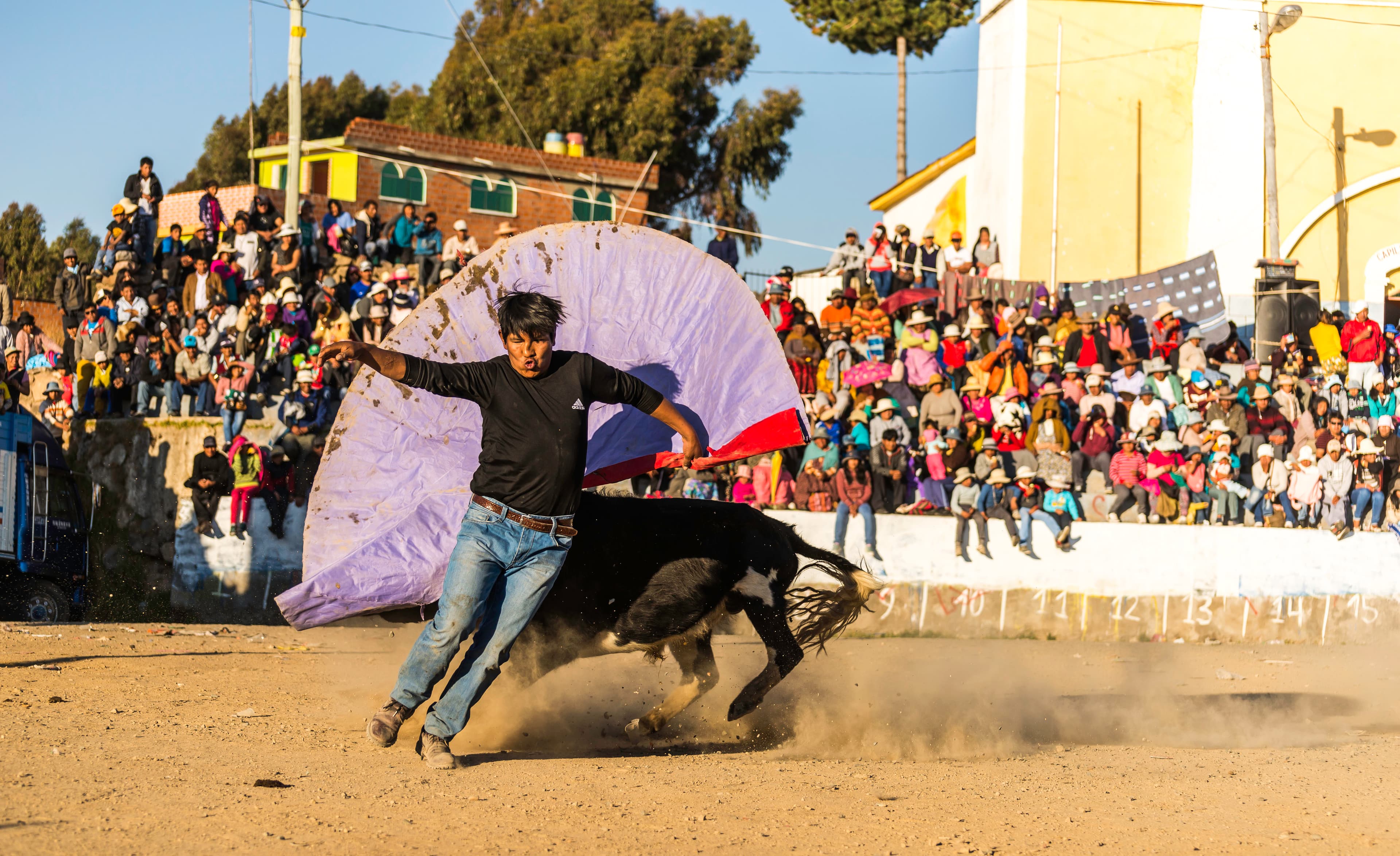Bullfighter in action, rural Peru