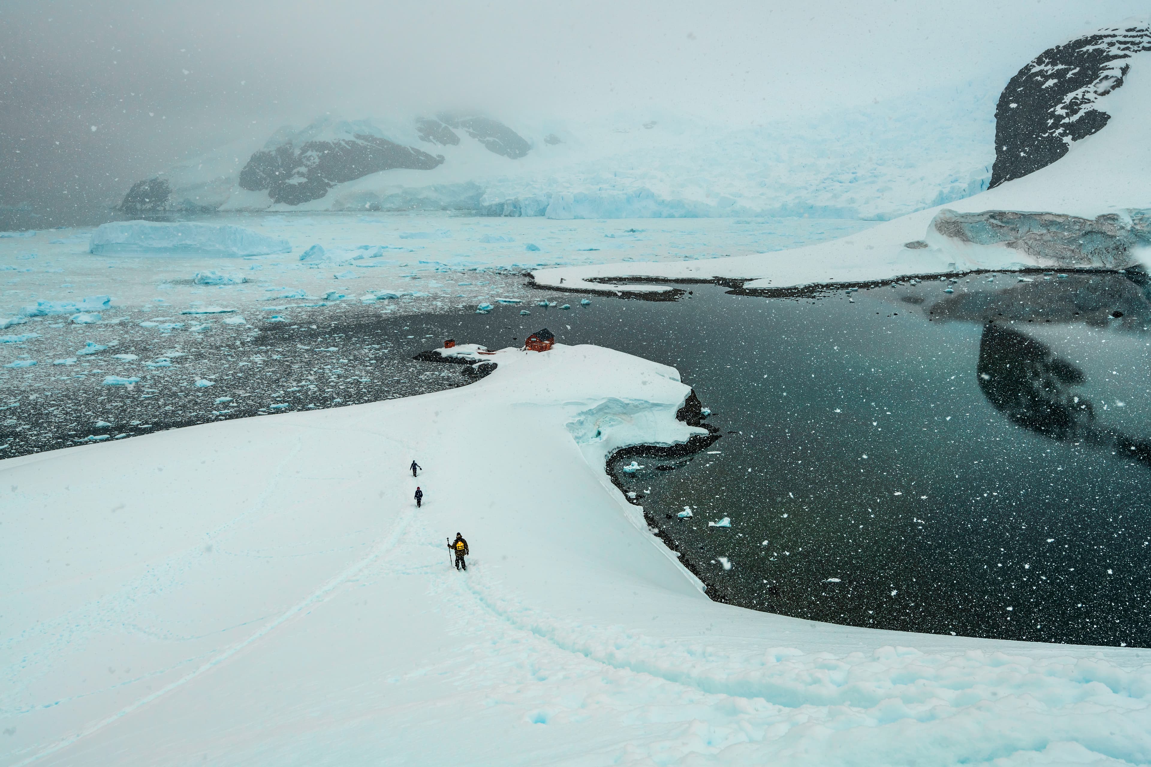 Hikers trek snowy landscape, Paradise Bay, Antarctica