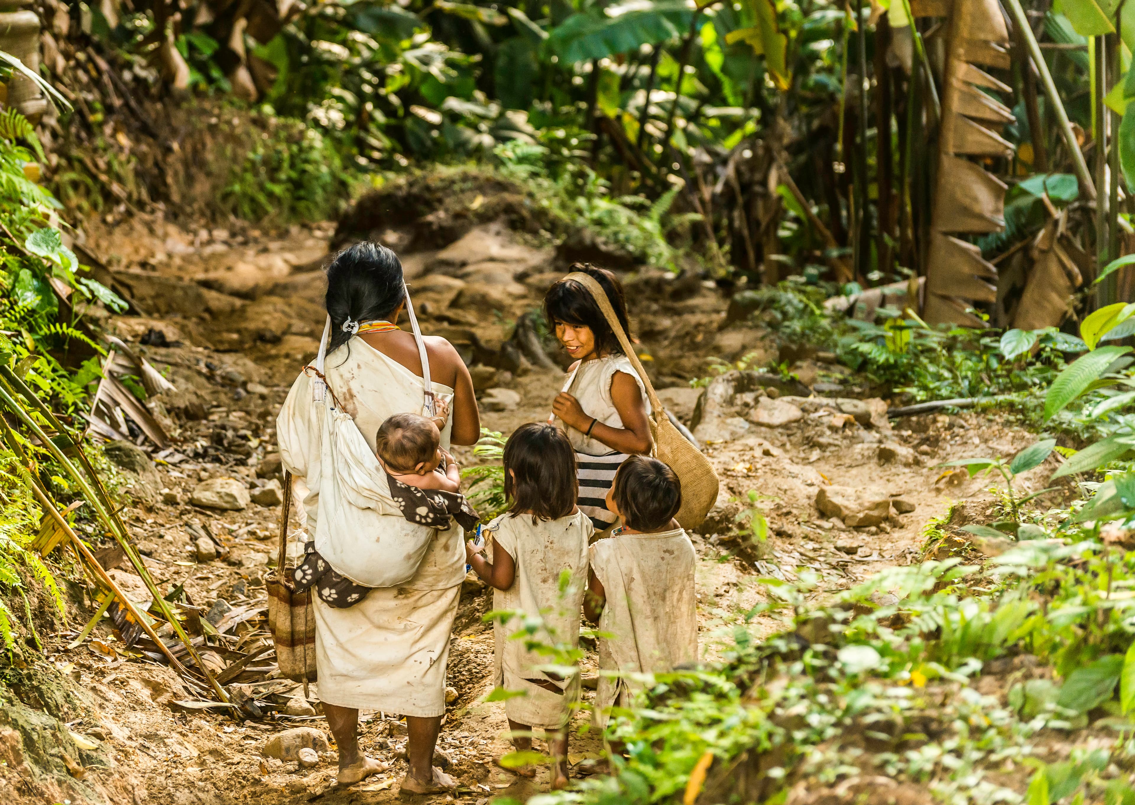 Family walking through jungle path, Colombia